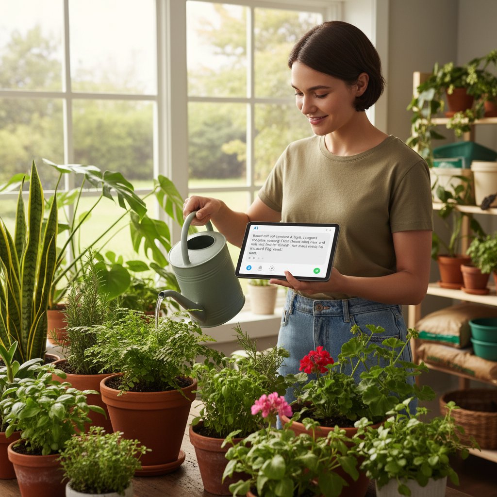 Osoba podlewająca rośliny w domu z tabletem w ręku, na ekranie AI chatbot rekomendujący nowe gatunki.