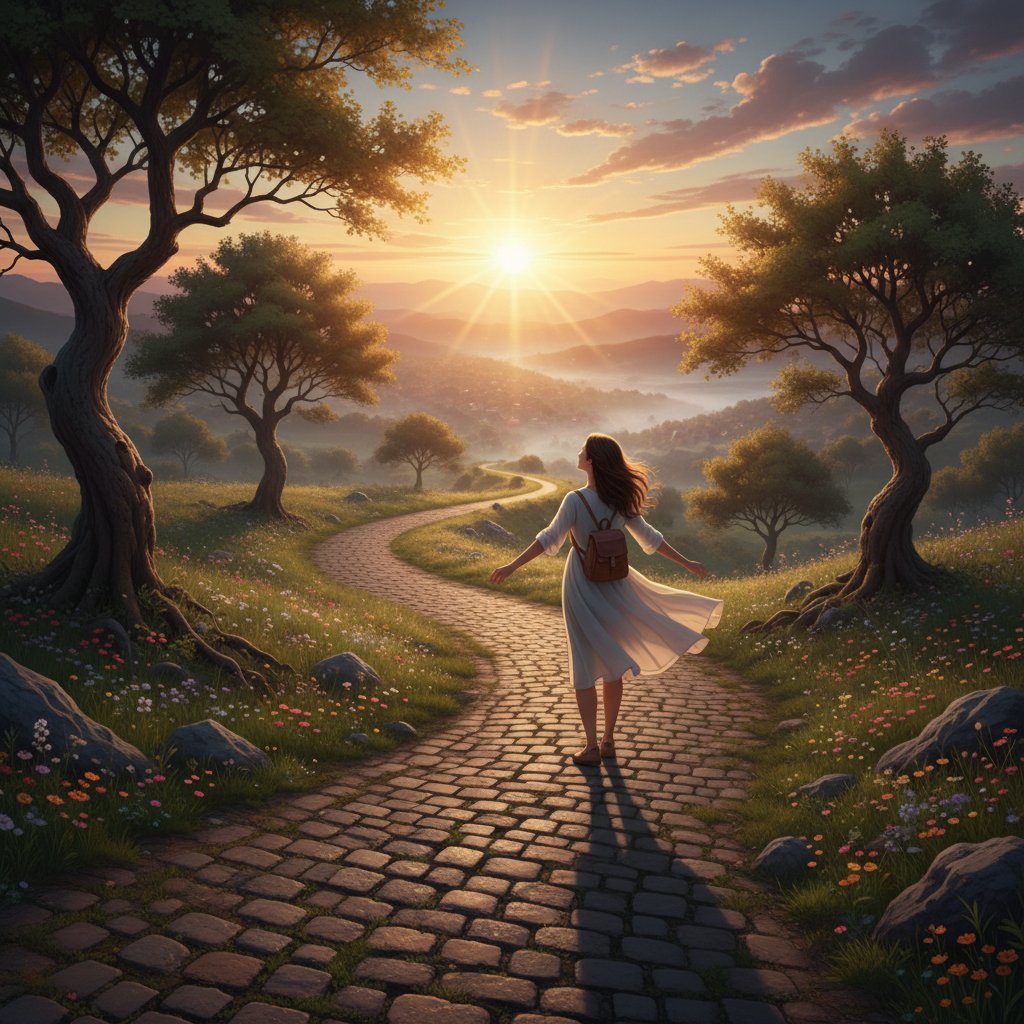 Droga po zakończeniu psychoterapii, osoba idzie krętą ścieżką w stronę wschodzącego słońca