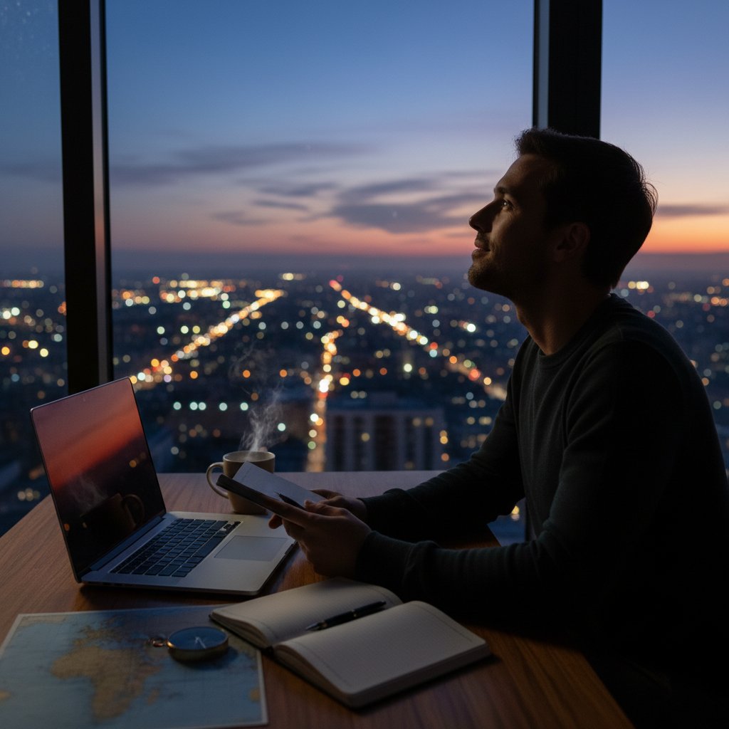 Osoba patrząca pewnie przez okno, laptop zamknięty, światła miasta symbolizujące nowe możliwości