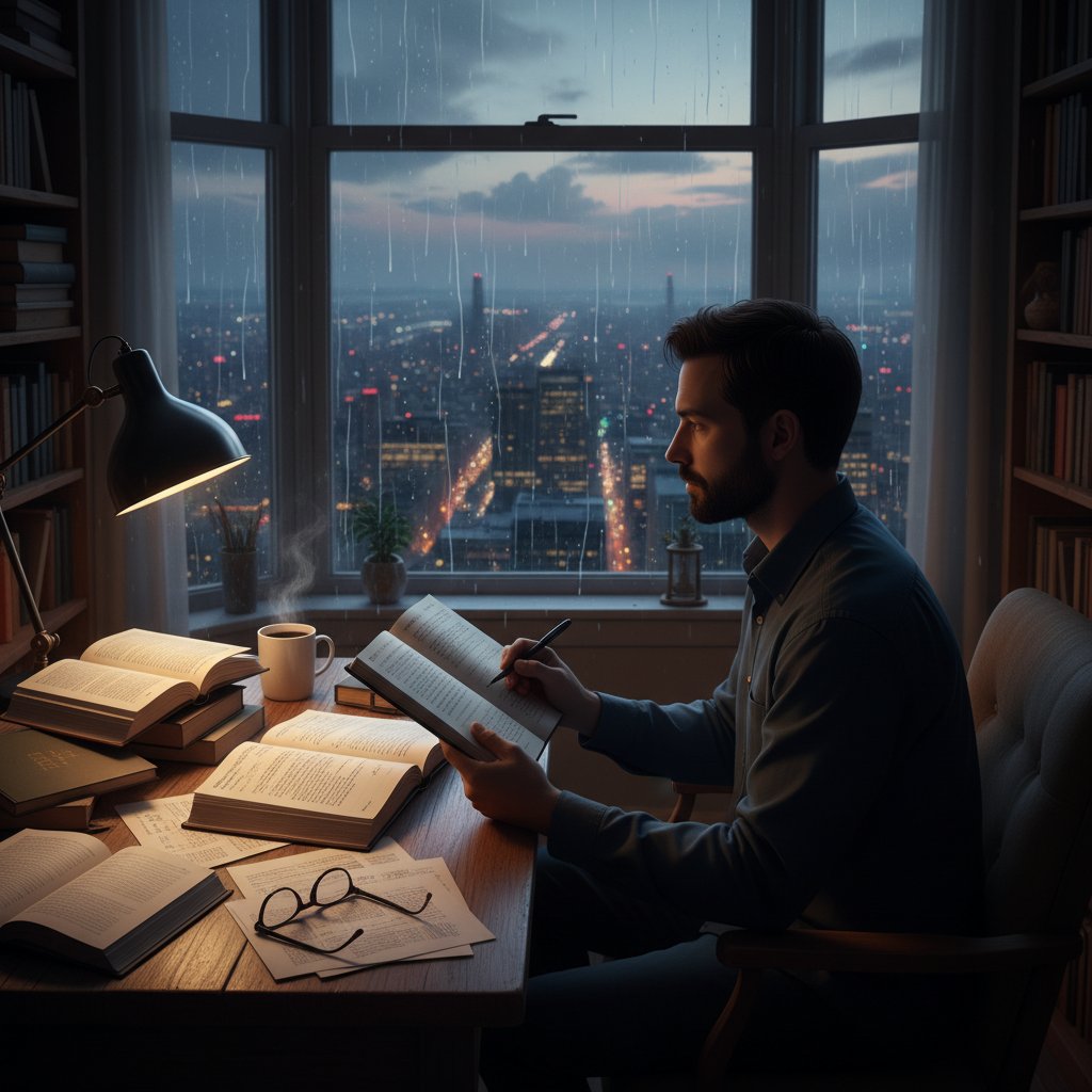 Osoba patrząca przez okno na rozświetlone miasto, w ręku trzymająca notatnik filozoficzny