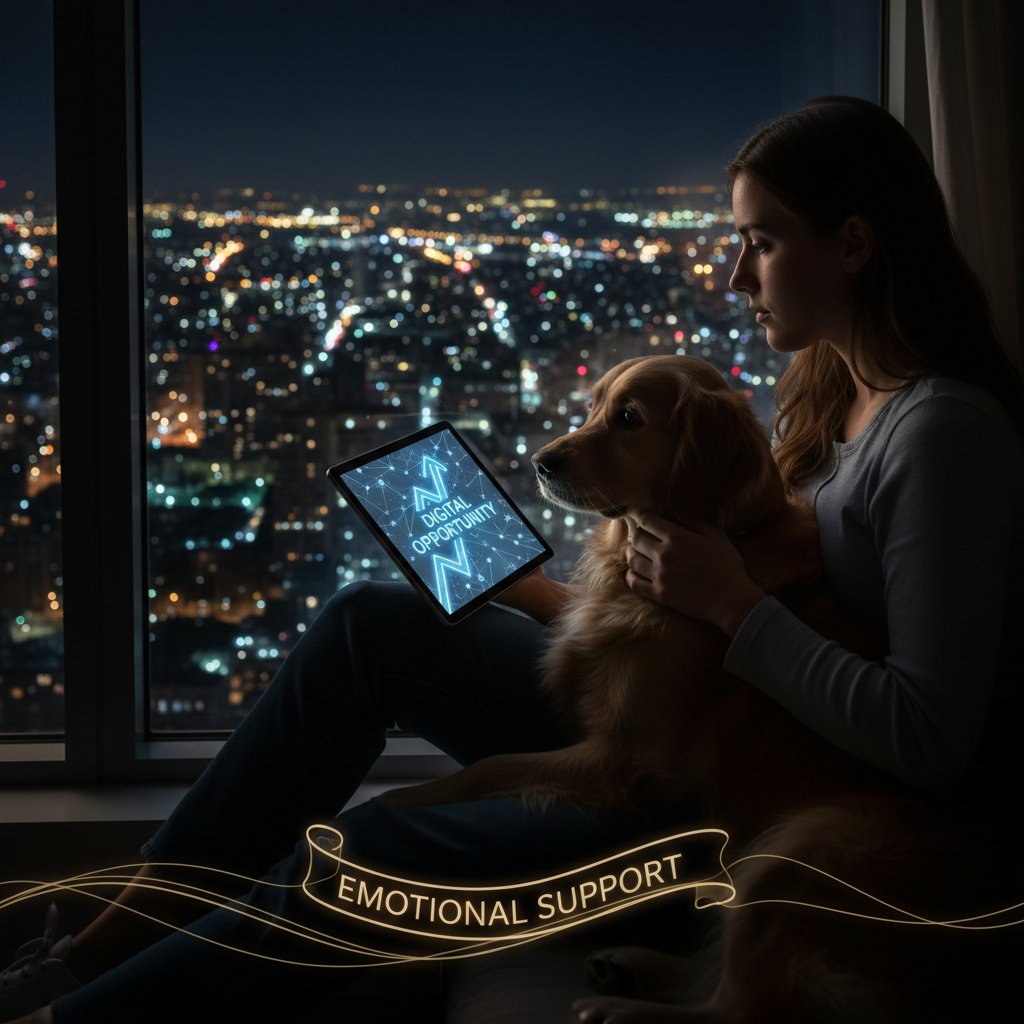 Mensch lehnt am Fenster, Nachtstadt im Hintergrund, symbolisiert neue Chancen durch emotionale Unterstützung online anonym