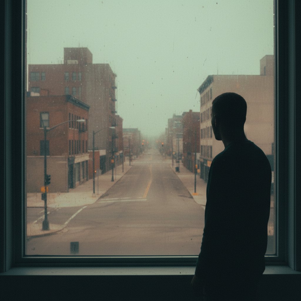 Osoba samotnie siedząca przy oknie, patrząca na puste ulice – obraz pandemii i izolacji a derealizacja