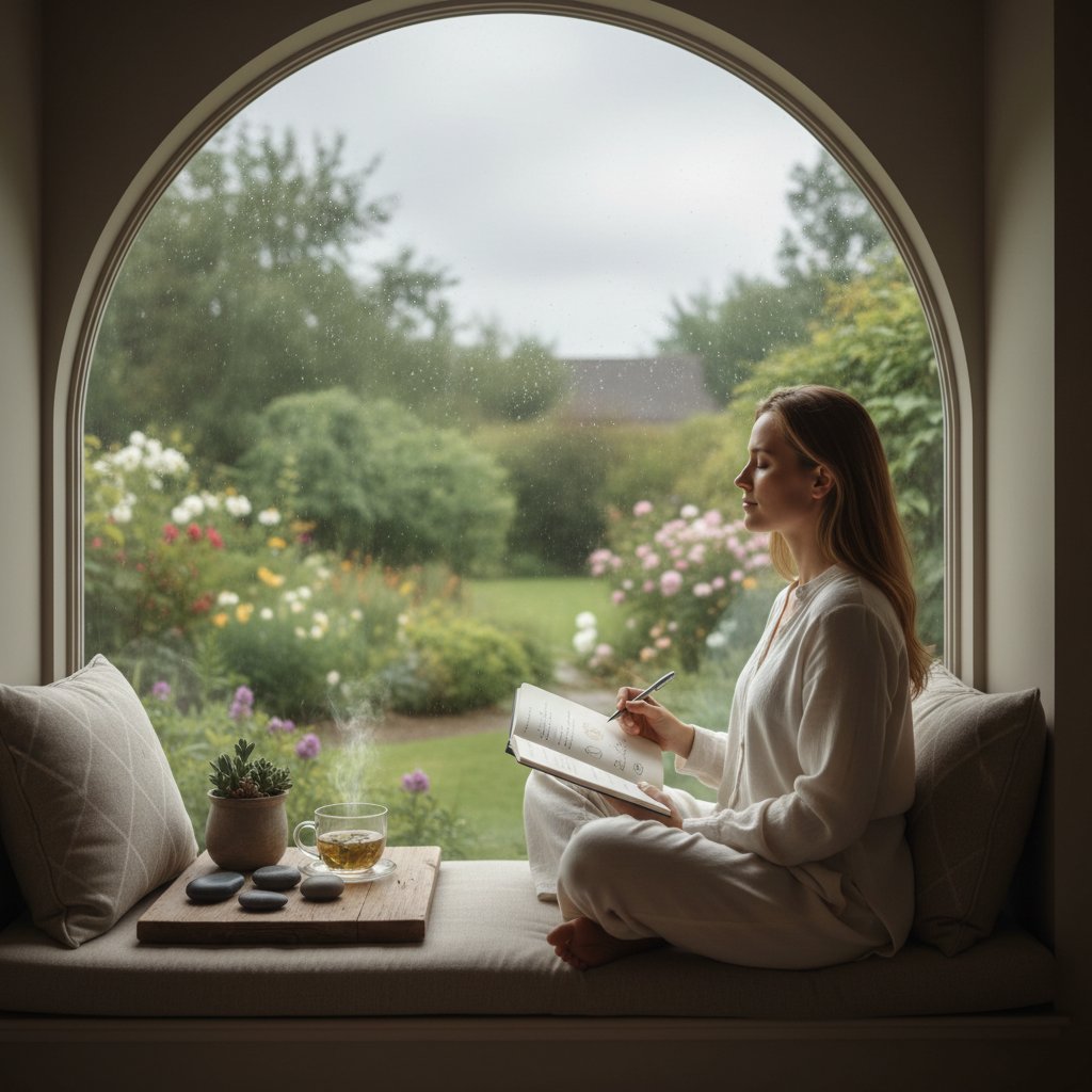 Osoba siedząca w ciszy przy oknie, notująca swoje myśli – ćwiczenia klaryfikacyjne