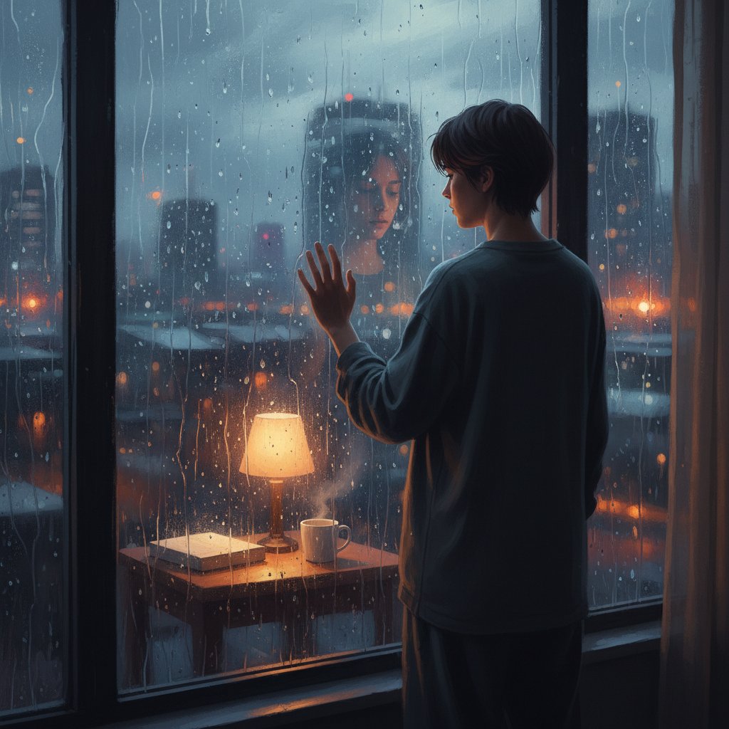 Zdjęcie: osoba zamyślona patrzy przez okno w deszczowy dzień, symbol izolacji