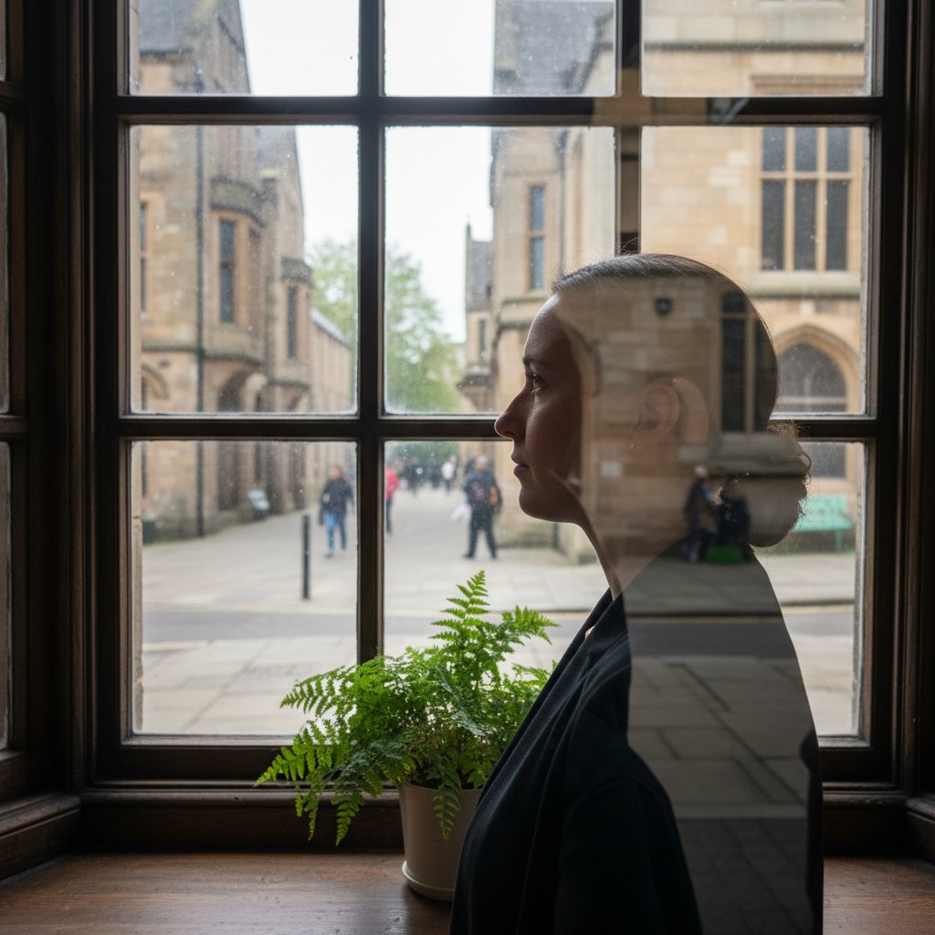 Portret osoby patrzącej przez okno, refleksja nad życiem po implancie ślimakowym