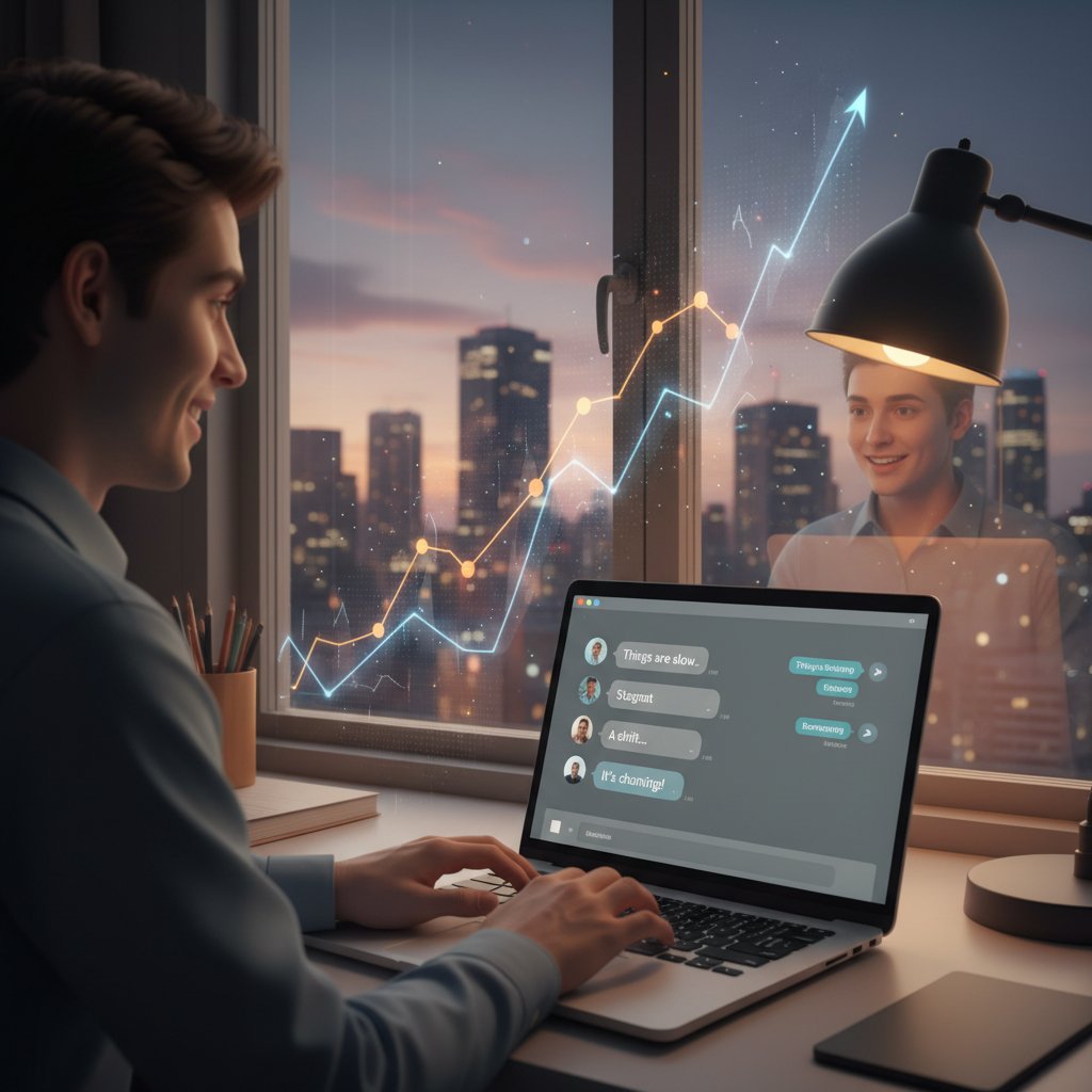 Osoba patrząca w okno z zamyśleniem, w tle otwarty laptop z czatem, symbolizujący refleksję po rozmowie online