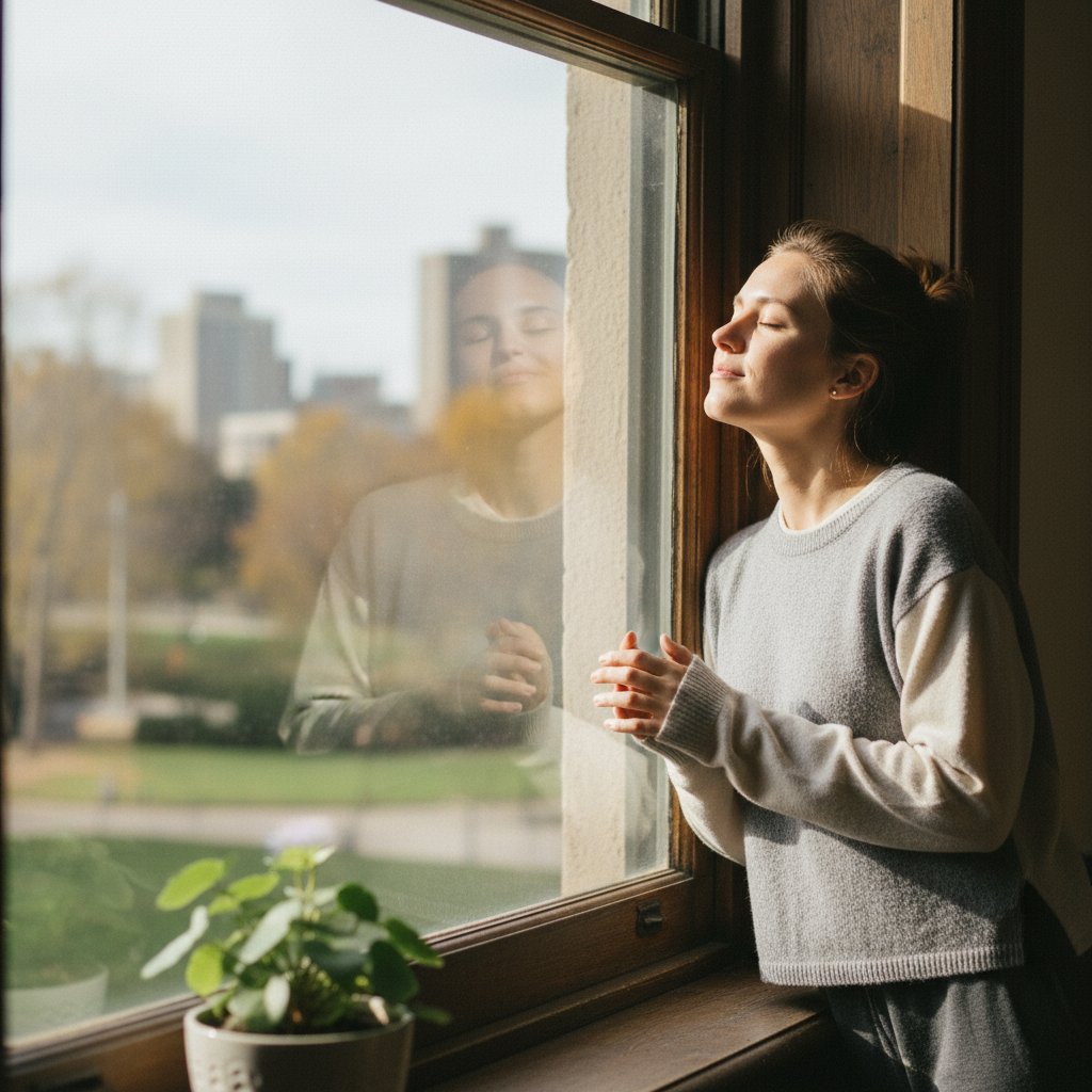 Osoba patrząca przez okno z lekko zrelaksowaną twarzą, symbolizująca nadzieję i odporność po przejściu przez stres