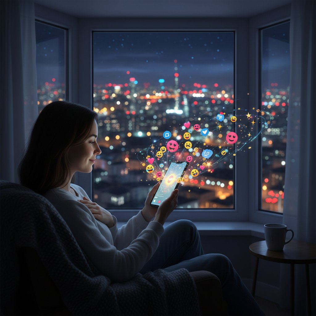 Osoba siedzi samotnie na parapecie, patrzy w ekran smartfona, światło miasta odbija się w szybie, słowa kluczowe: emocje online, granice relacji, intymność cyfrowa