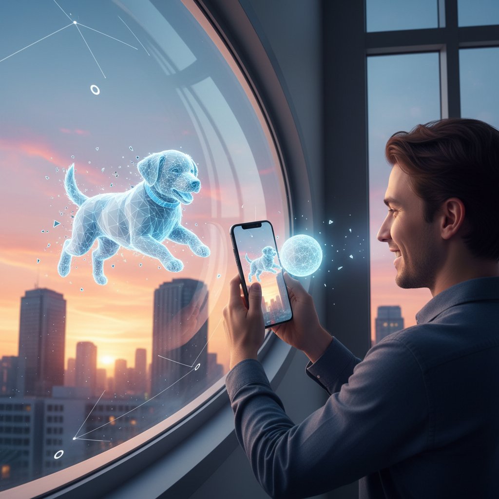 Osoba patrząca przez okno, obok smartfon z wirtualnym psem – symbol zmiany perspektywy na samotność