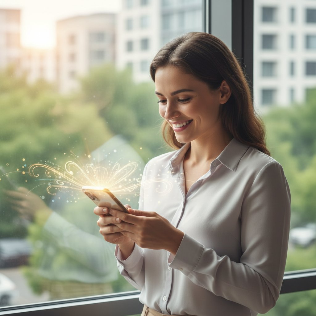 Osoba patrząca przez okno z uśmiechem i telefonem w dłoni, symbolizująca pozytywny efekt rozmowy online