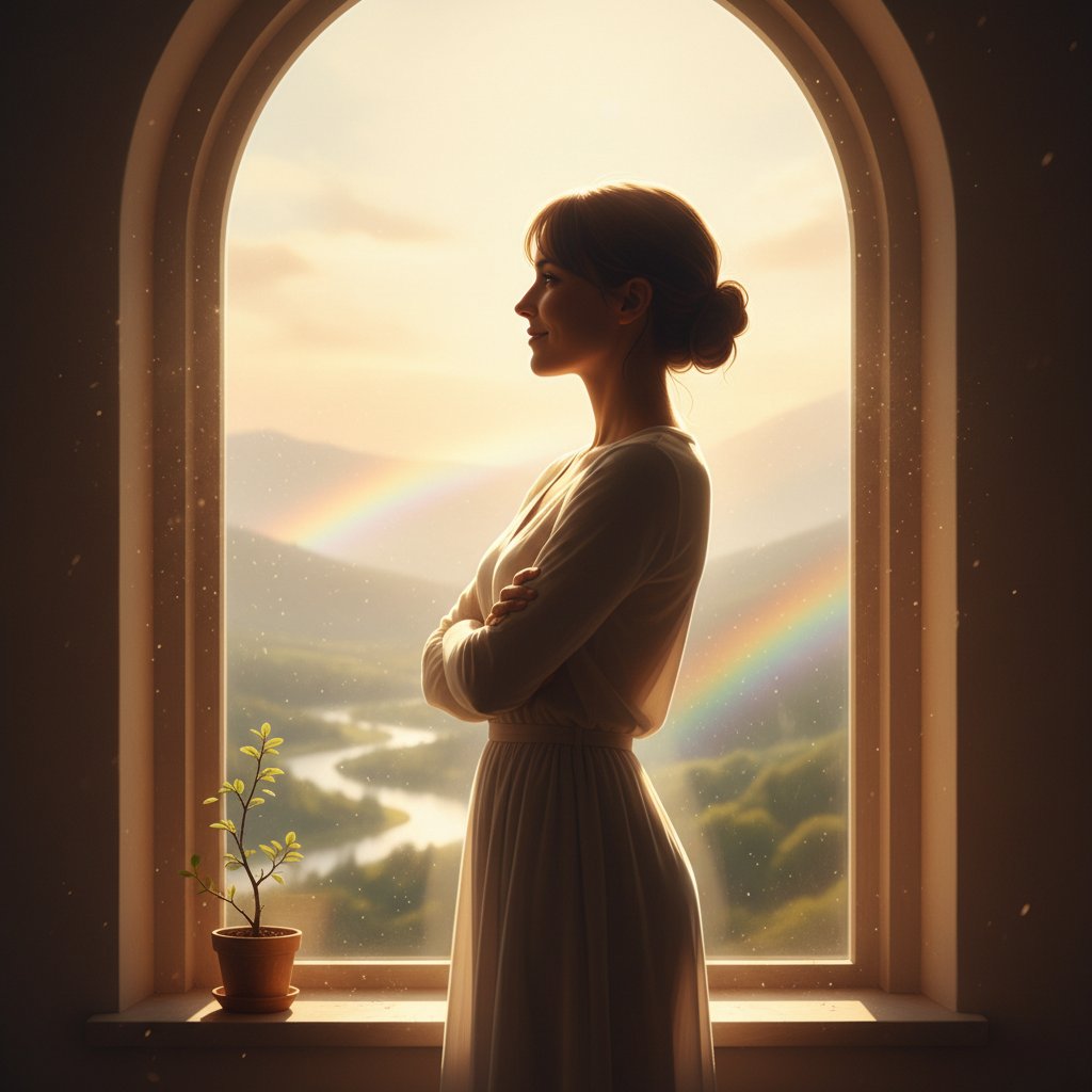 Osoba patrząca w przyszłość, światło padające zza okna, symbol nadziei i siły