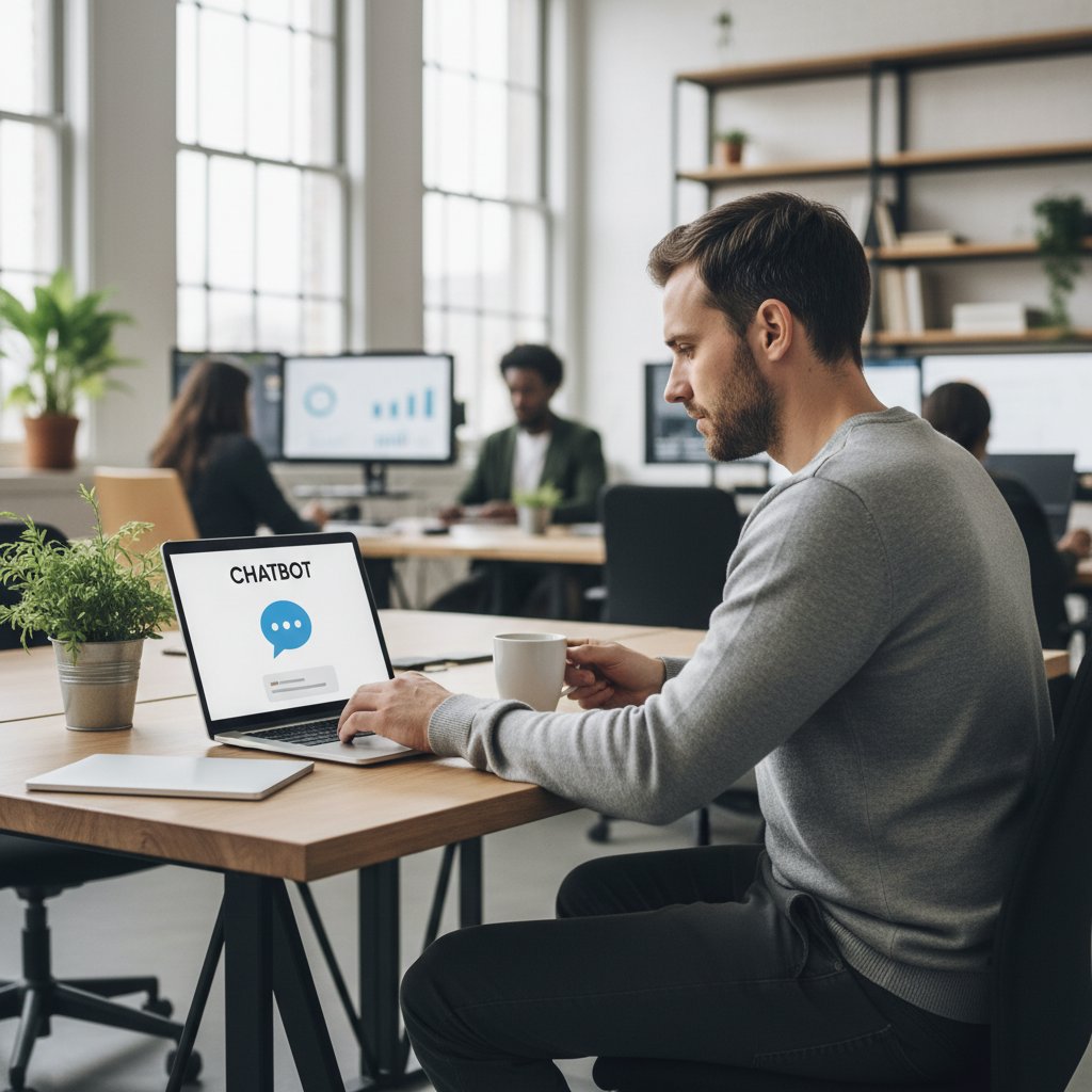 Proces pracy nad chatbotem w nowoczesnym biurze, osoba dopracowuje scenariusze na laptopie. Zdjęcie: no-code kreator, chatbot, Polska.