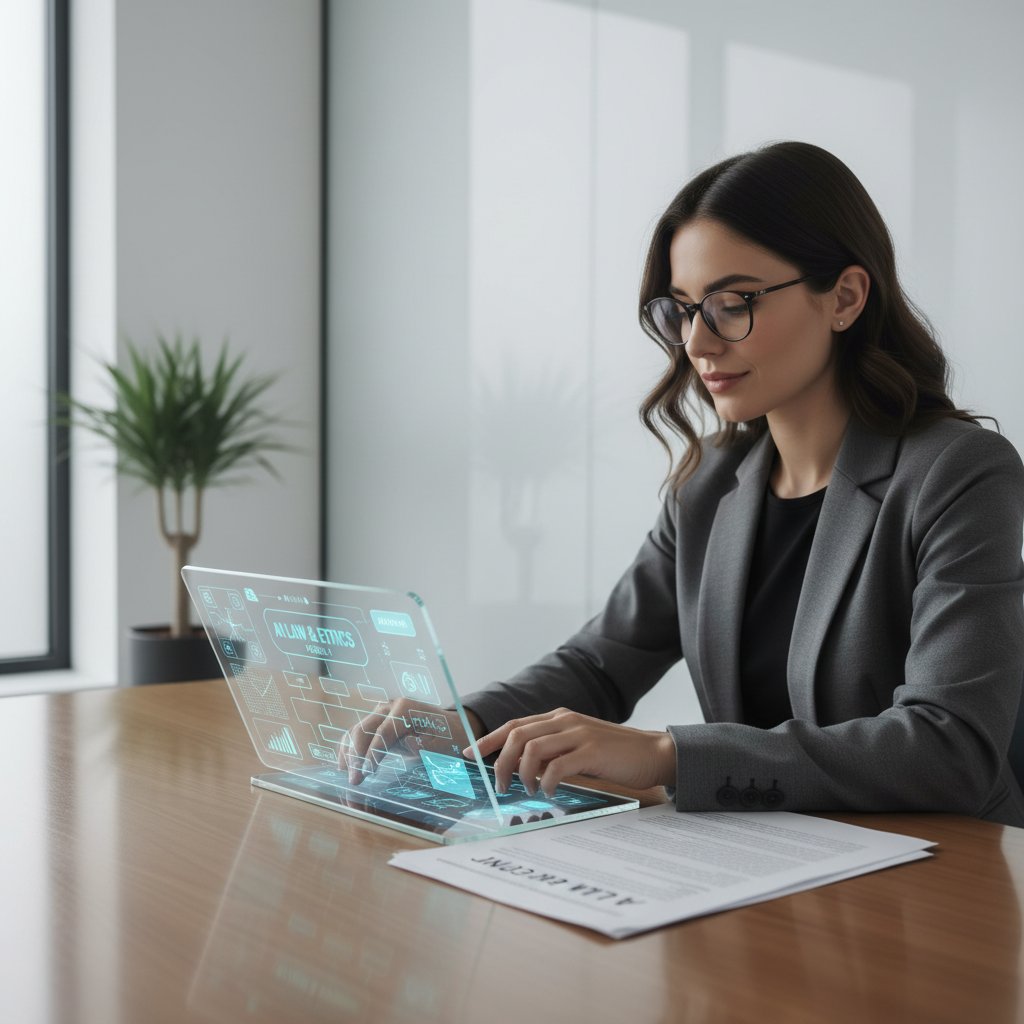 Osoba pracująca z dokumentami prawnymi, komputer i tablet z aplikacją edukacyjną AI, tło minimalistyczne