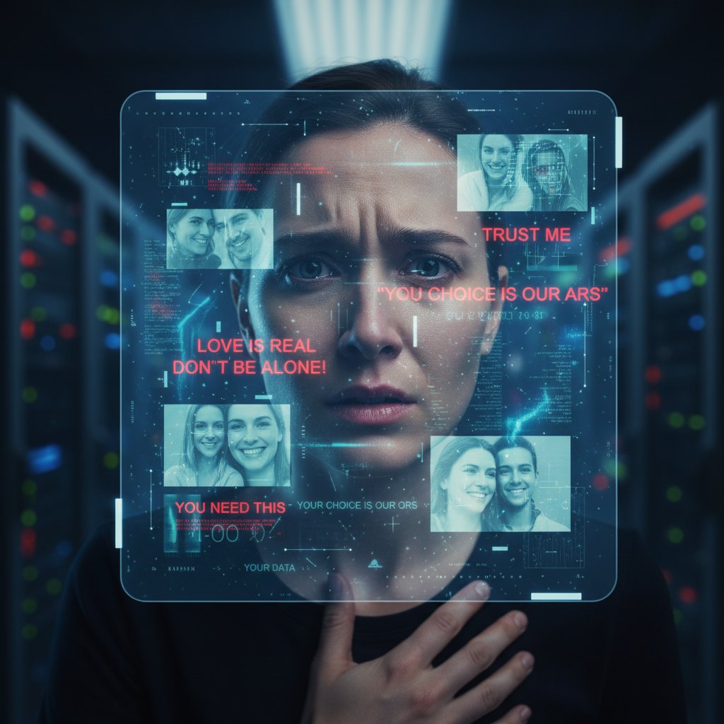 Człowiek patrzący z niepokojem na ekran AI, emocjonalna manipulacja