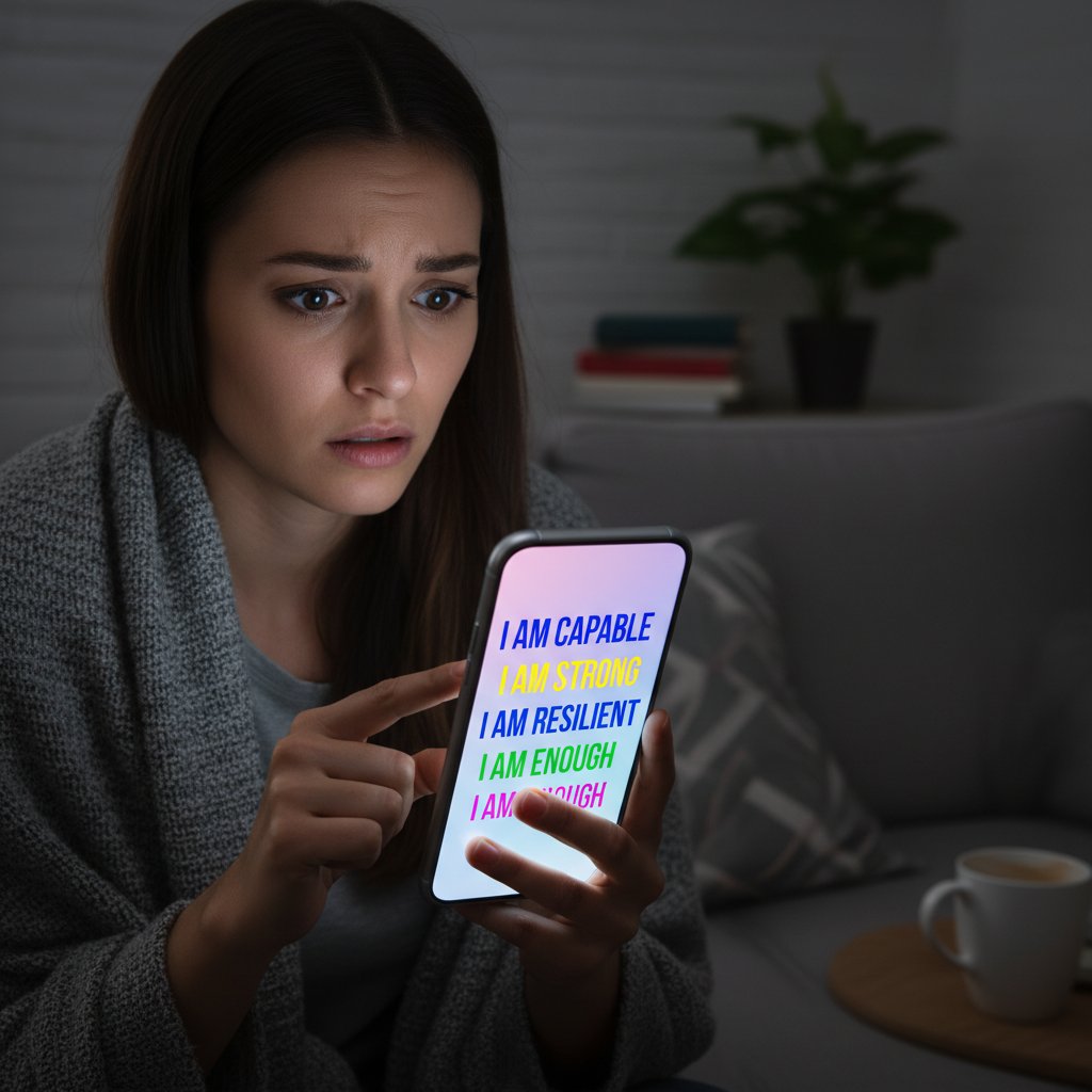 Zbliżenie na osobę zmartwioną, patrzącą na ekran telefonu z afirmacjami