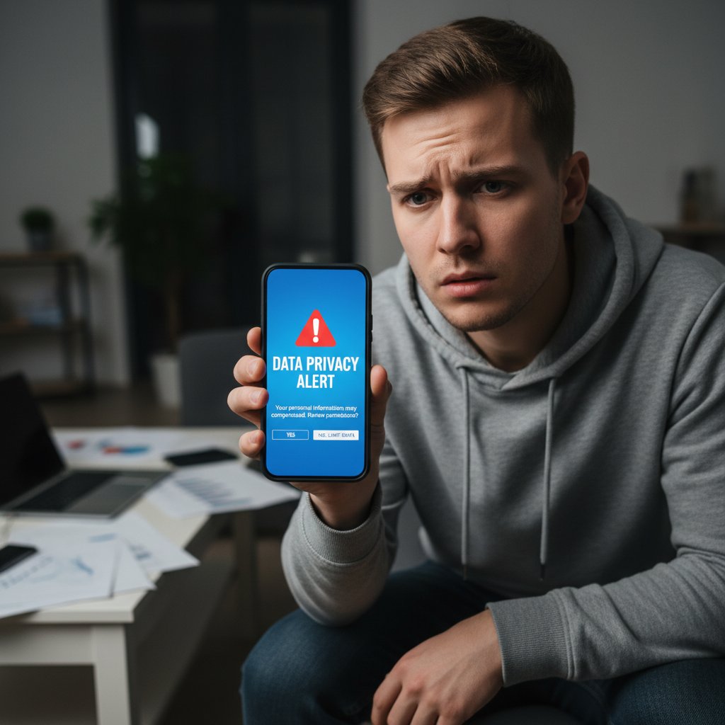 Osoba zaniepokojona patrząca na ekran smartfona z komunikatem o ochronie danych