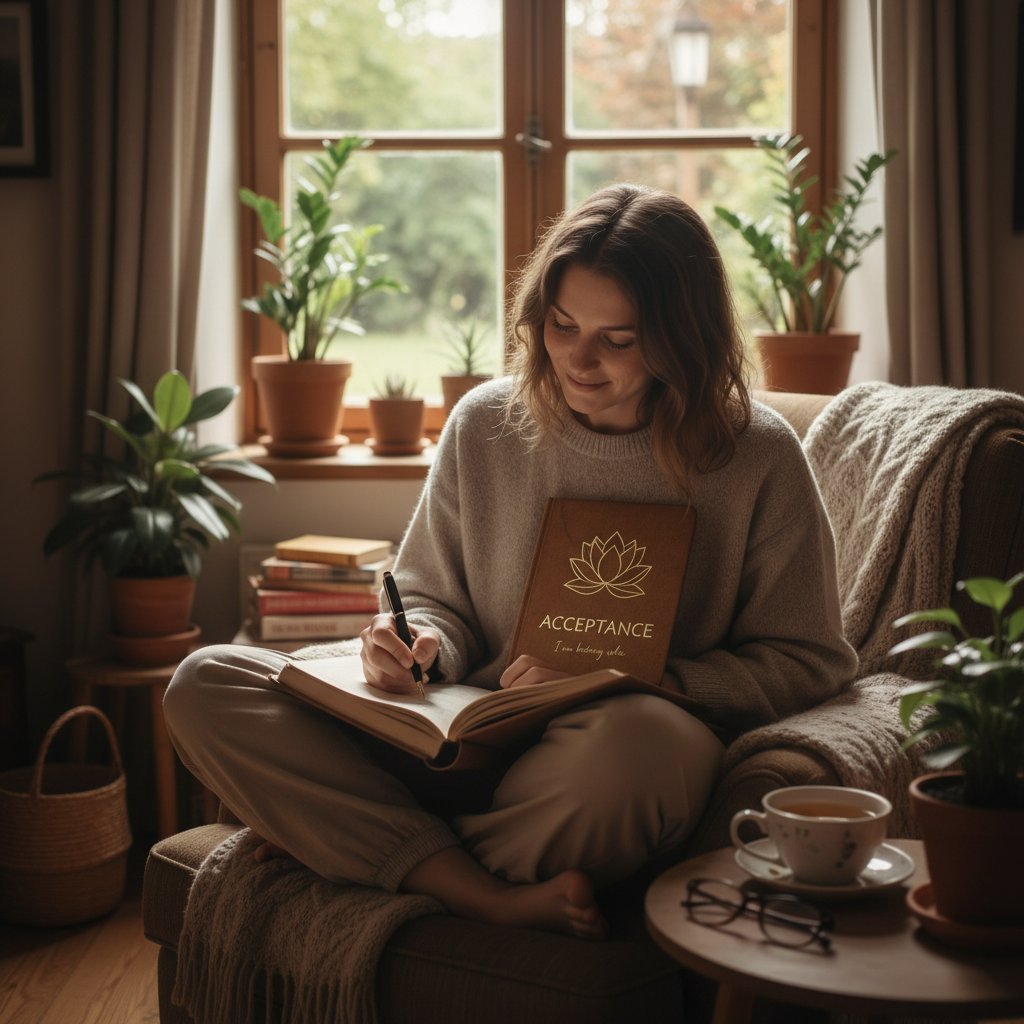 Osoba zapisująca refleksje w dzienniku, praktyka samoobserwacji i akceptacji
