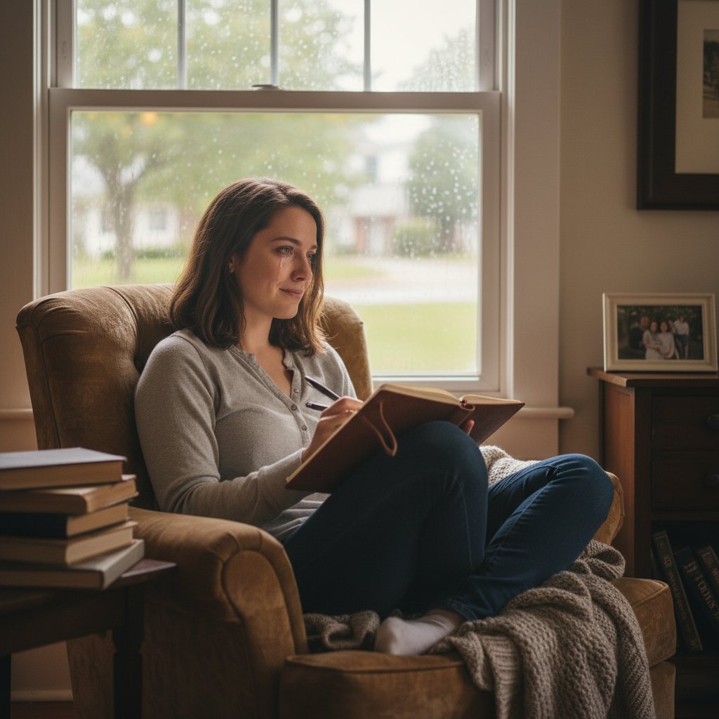 Osoba pisząca w notesie, skupienie, otoczenie domowe – symbol audytu przywiązań i autorefleksji