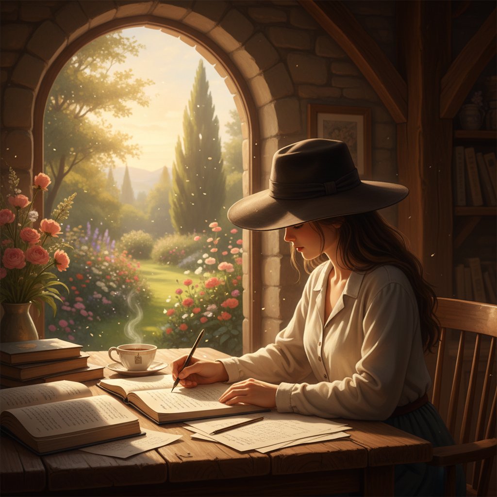 Osoba siedząca na podłodze i pisząca dziennik, promienie światła w tle – mindfulness