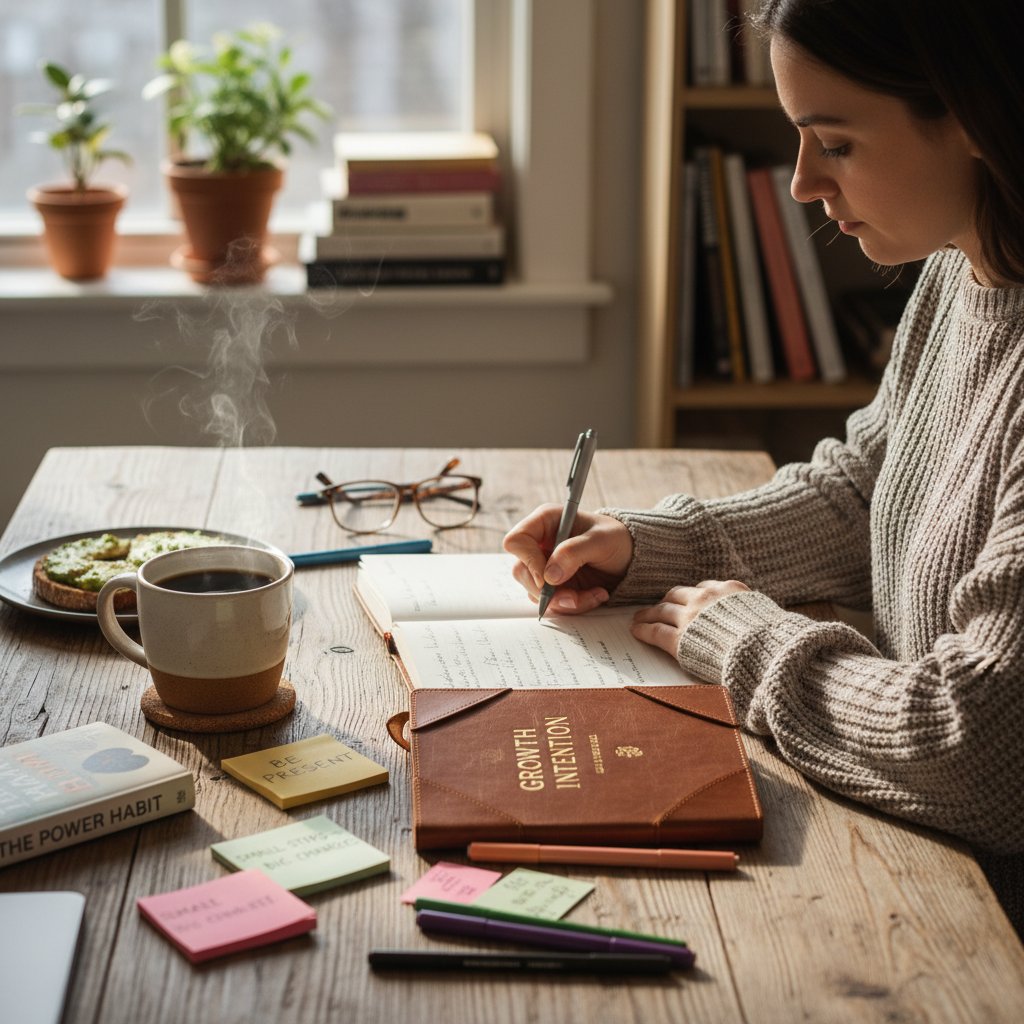 Osoba zapisująca coś w dzienniku, filiżanka kawy, spokojna atmosfera – codzienna samopomoc
