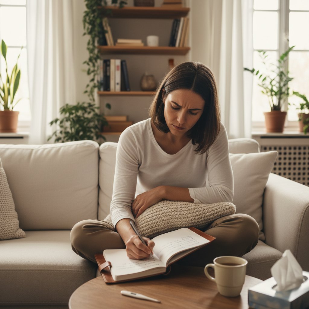 Osoba zapisująca w dzienniku objawy, laptop i telefon na stole, domowa atmosfera