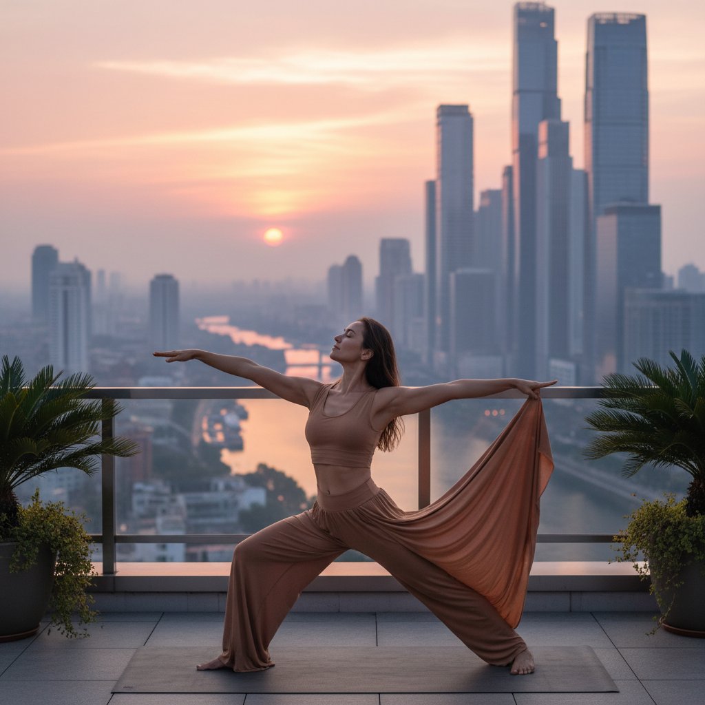 Osoba podczas sesji jogi na tle miejskiego krajobrazu – relaksacja poprzez ruch i oddech, kontrast między naturą a miastem.
