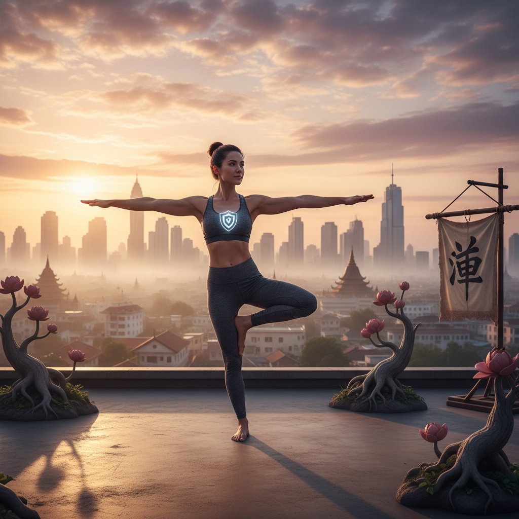 Osoba trenująca jogę na dachu, symbolizująca odporność psychiczną i równowagę