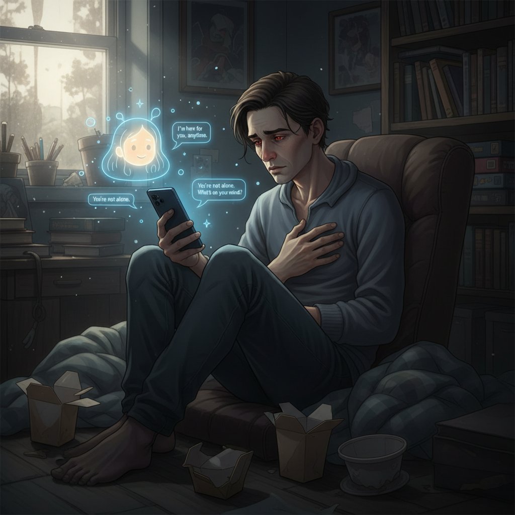 Osoba pogrążona w ekranie telefonu, wyizolowana od otoczenia – uzależnienie od AI wsparcia emocjonalnego