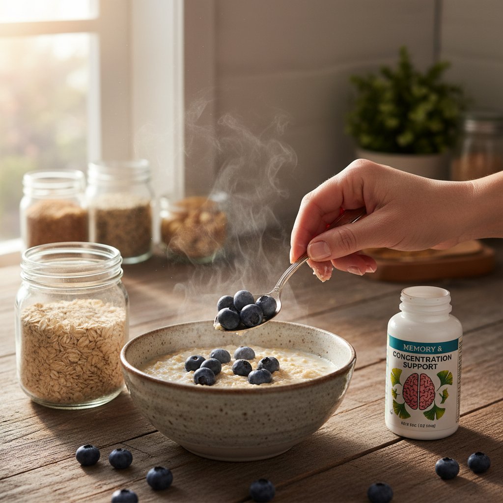 Osoba dodająca borówki do owsianki: symbol wsparcia pamięci i koncentracji