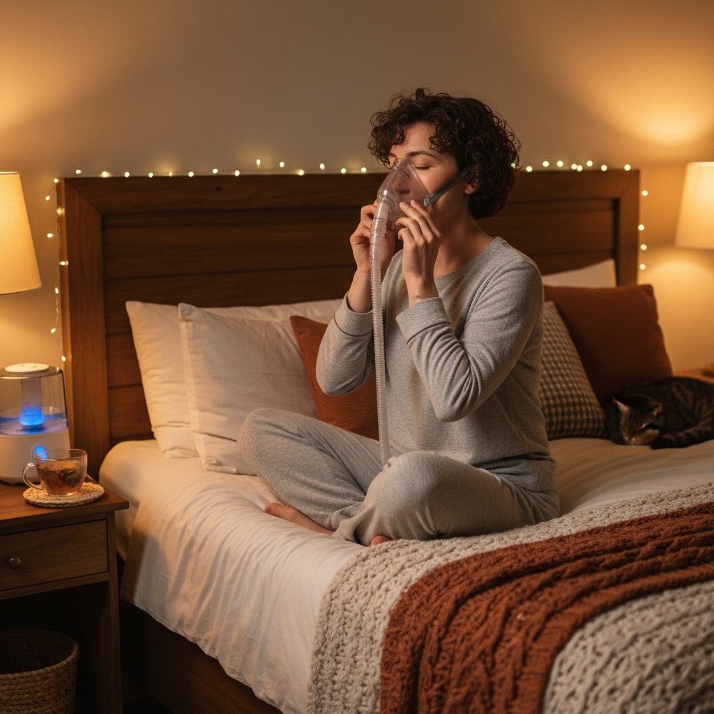 Osoba zakładająca maskę CPAP w przytulnej sypialni, ciepłe światło, akceptacja