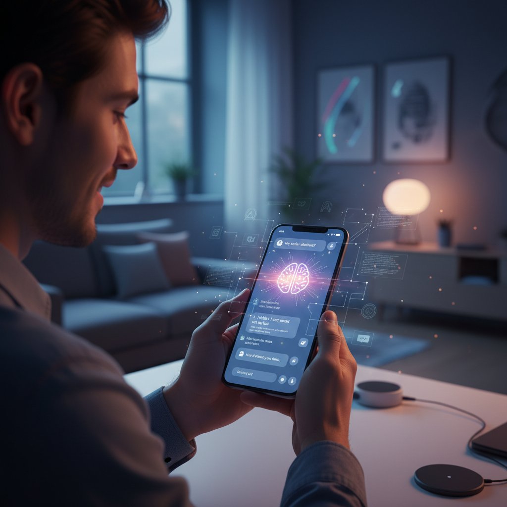 Młoda osoba rozmawiająca z AI przez telefon, subtelne światło, intymna atmosfera