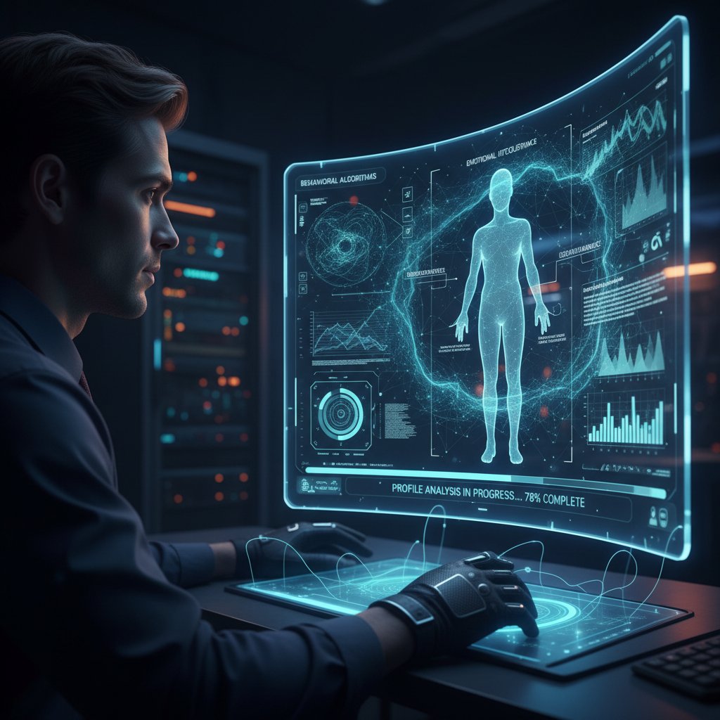 Zdjęcie przedstawiające osobę przy komputerze analizującą ekran ze schematem działania AI; słowa kluczowe: proces analizy osobowości online, sztuczna inteligencja