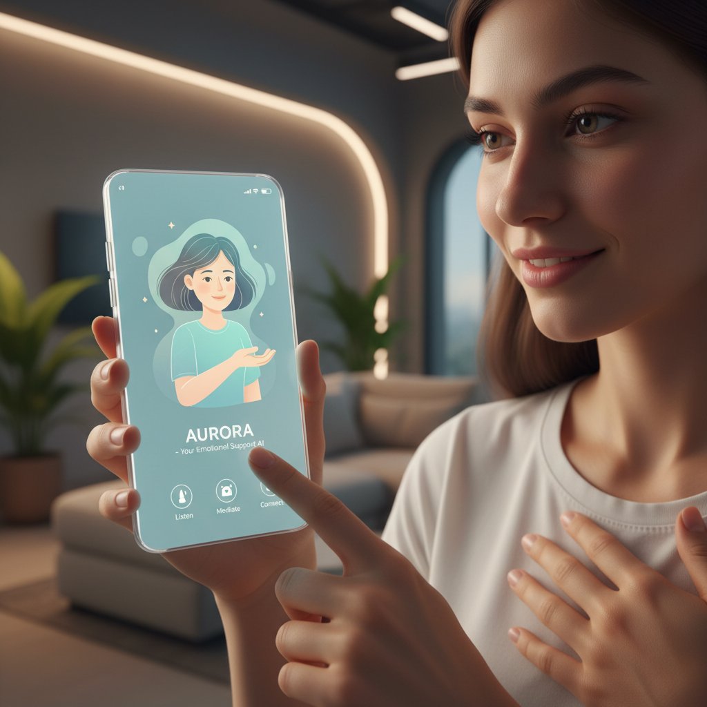 Osoba korzystająca z aplikacji AI na smartfonie, symbol wsparcia emocjonalnego i nowoczesnej technologii