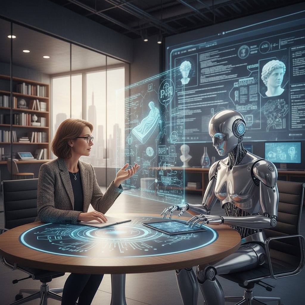 Młoda osoba prowadząca filozoficzną dyskusję online z AI