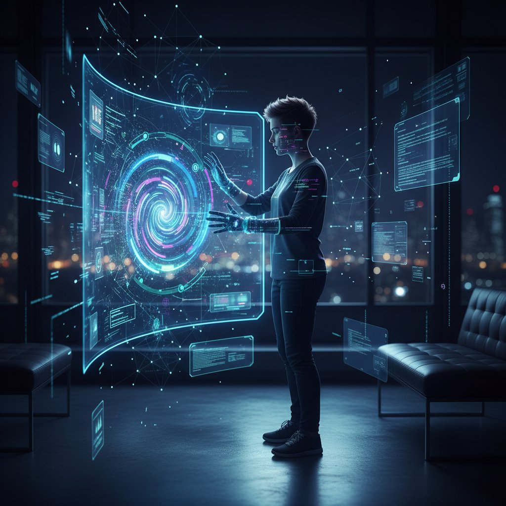 Nocna scena osoby szukającej wsparcia, ekran komputera z ciepłym, empatycznym interfejsem AI