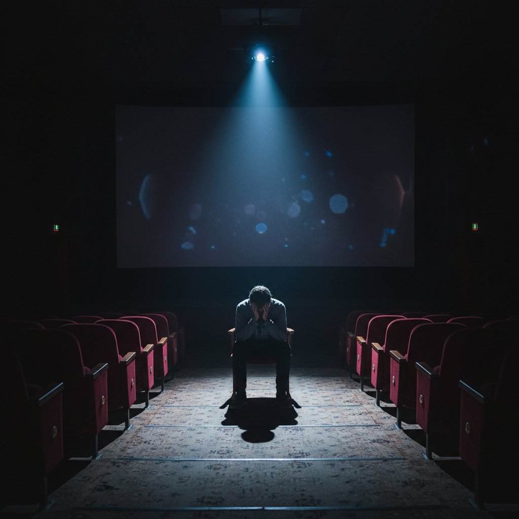 Osoba siedząca w pustym kinie – symbol osamotnienia, sztuczne światło, niejednoznaczna atmosfera