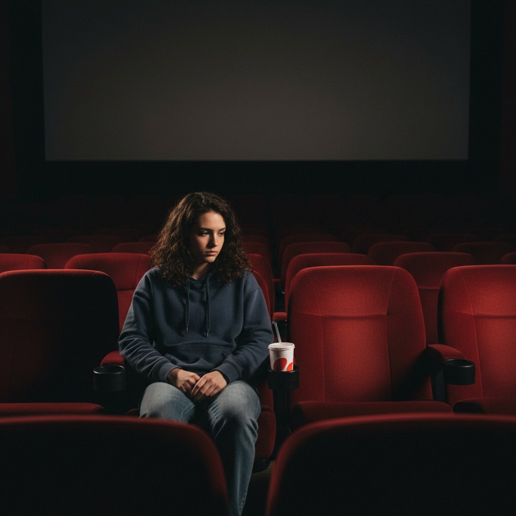Postać siedząca samotnie w kinowym fotelu, zamyślona, światło projektora symbolizuje introspekcję