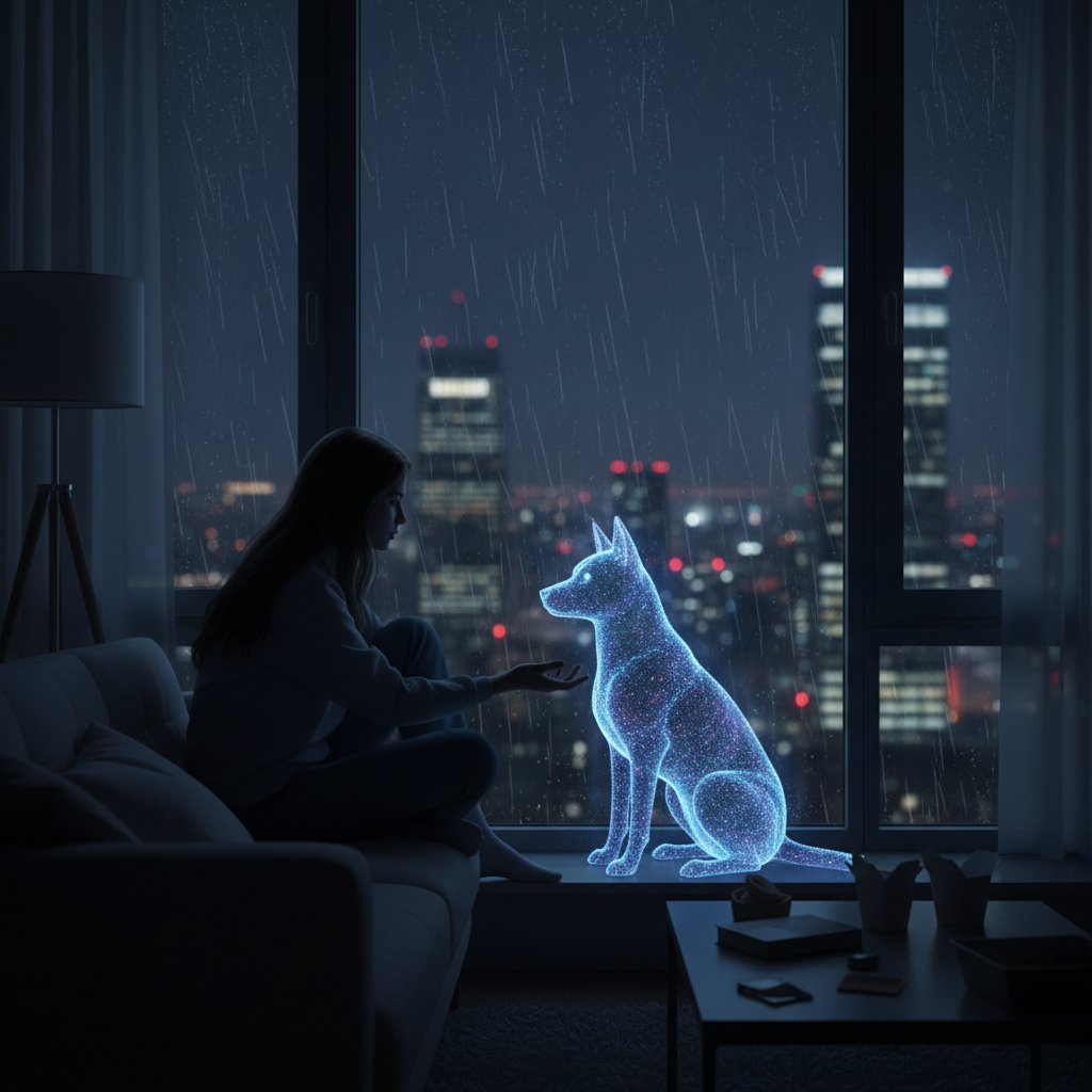 Młoda osoba w mieszkaniu nocą, światło laptopa, cyfrowy piesek na ekranie, uczucie samotności i cyfrowego towarzystwa