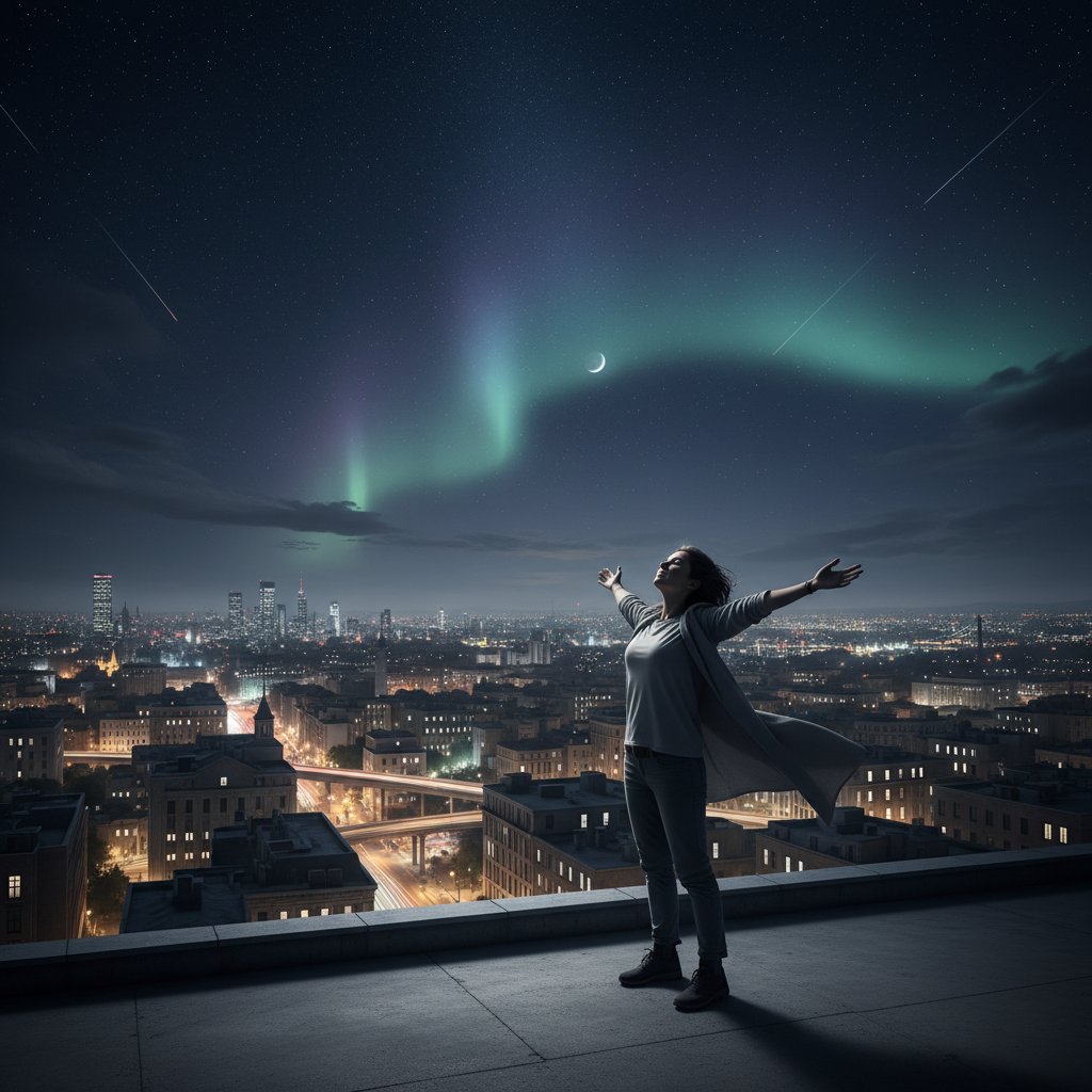 Młoda osoba siedzi na dachu miasta, patrzy w niebo, atmosfera wolności i refleksji