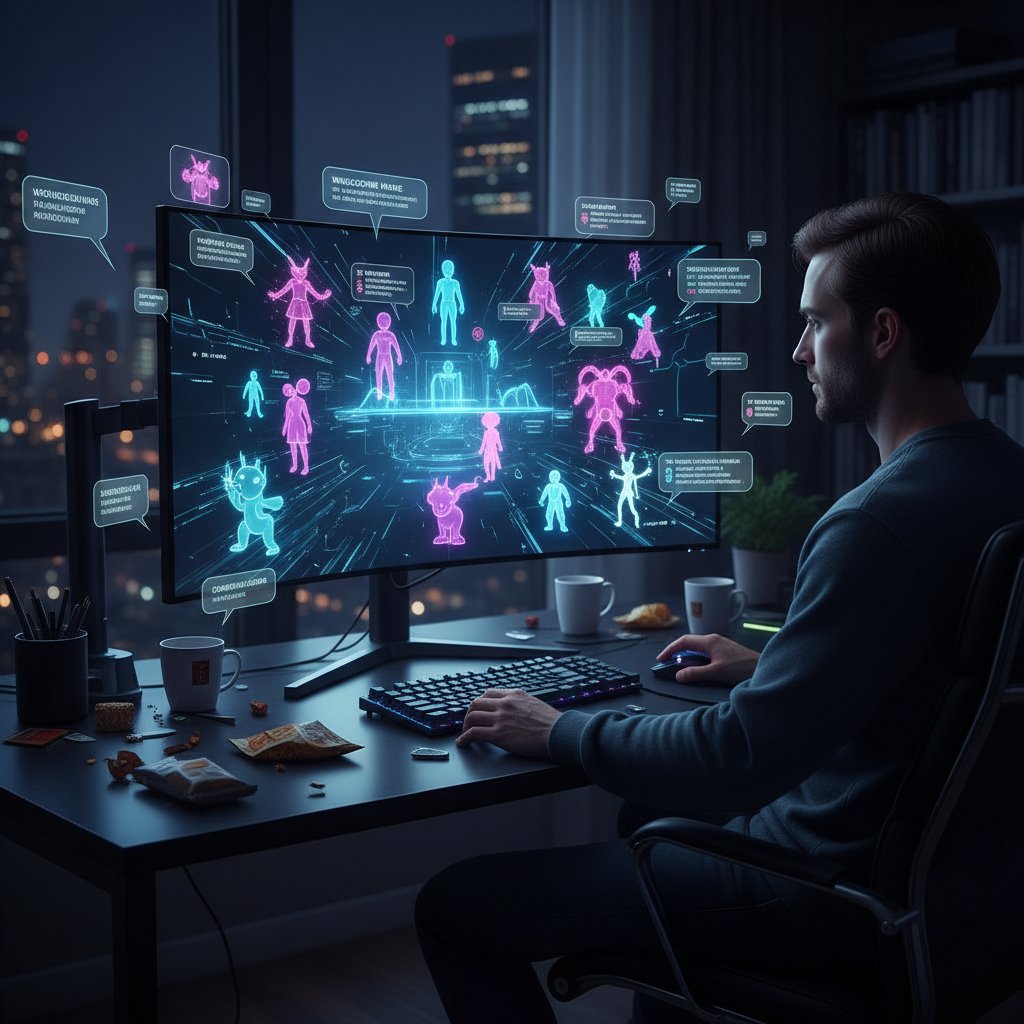 Osoba siedząca samotnie w ciemnym pokoju przy komputerze, otoczona przez cyfrowe awatary i powiadomienia, symbolizująca cyfrową samotność