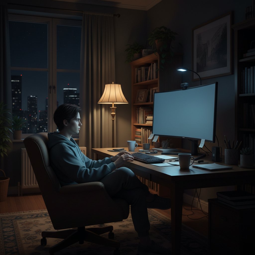 Osoba siedząca samotnie przy komputerze w mieszkalnym wnętrzu podczas nocnej izolacji, ekran oświetla twarz