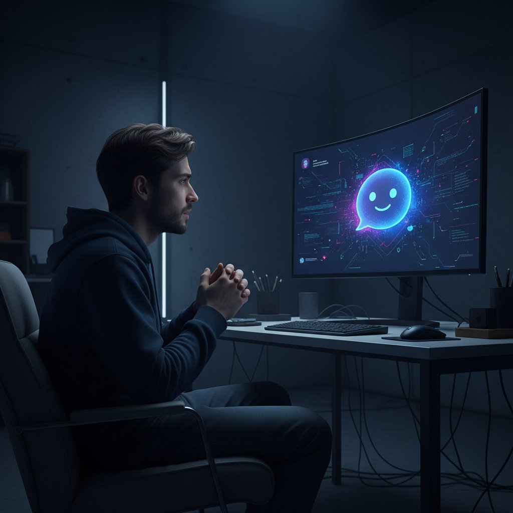 Osoba siedząca samotnie przy komputerze, zamyślona, z wyświetloną postacią chatbota na ekranie, subtelny kontrast między bliskością a technologią