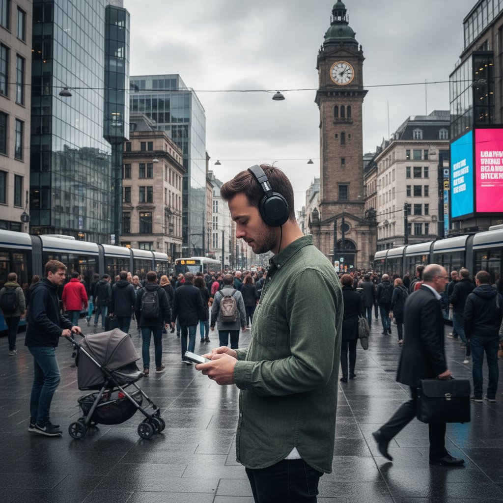 Osoba siedząca samotnie w tłumie, symbolizująca ucieczkę w idealizację jako strategię radzenia sobie.