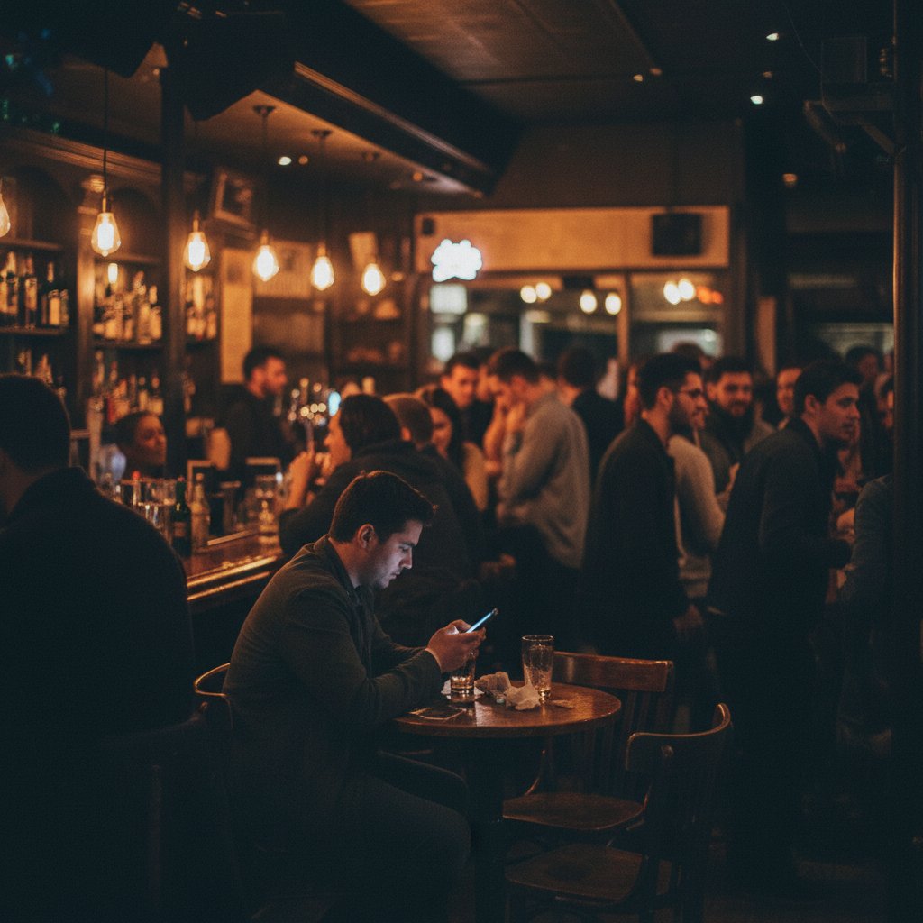 Person isolated in a crowded dating scene, symbolizing loneliness amid abundance