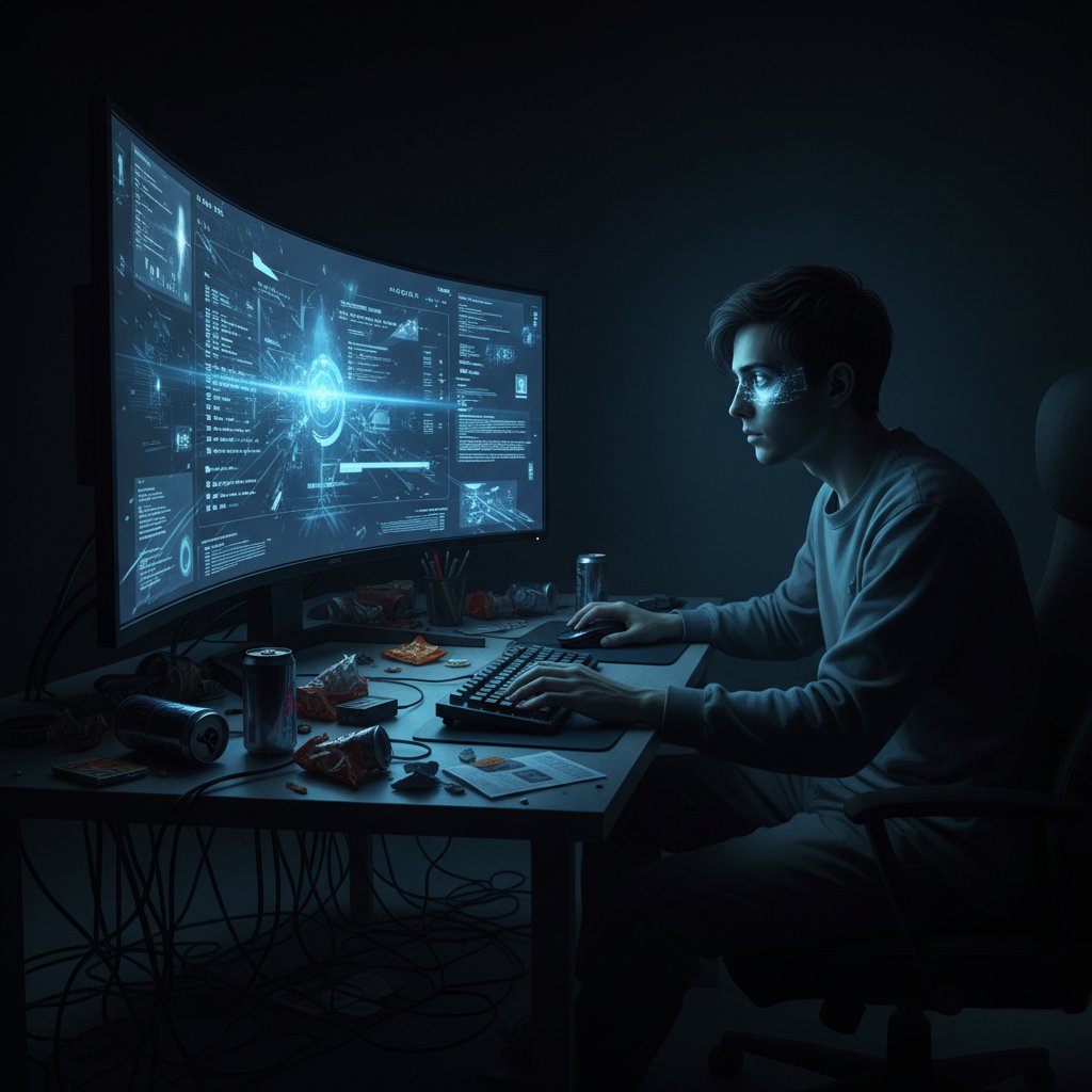 Osoba siedzi samotnie przy komputerze w ciemnym pokoju, światło monitora oświetla twarz – symbol uzależnienia od wirtualnych rozmów