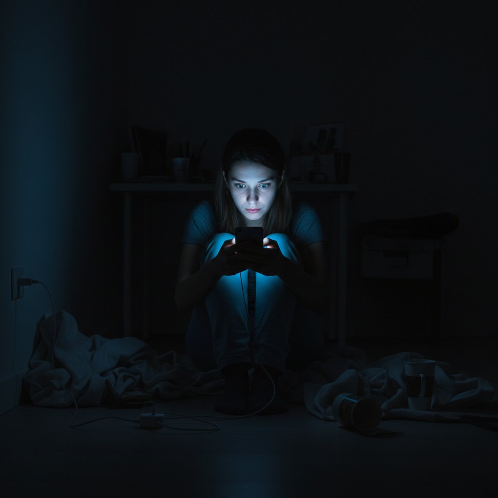 Osoba siedząca z telefonem w ciemności, wyraźnie zamyślona – uzależnienie od rozmów online