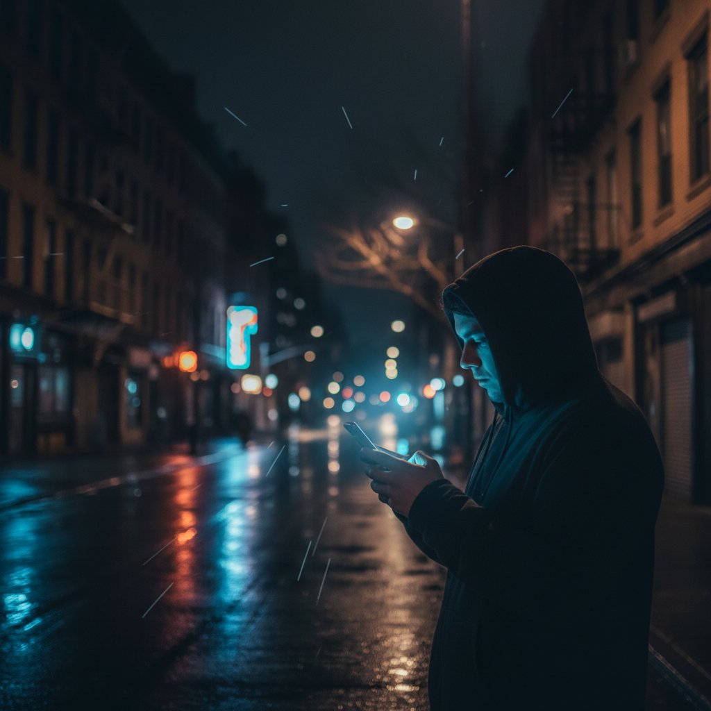 Osoba samotna w nocy przy telefonie – ekran rozświetla twarz, tło ciemne, wyobcowanie