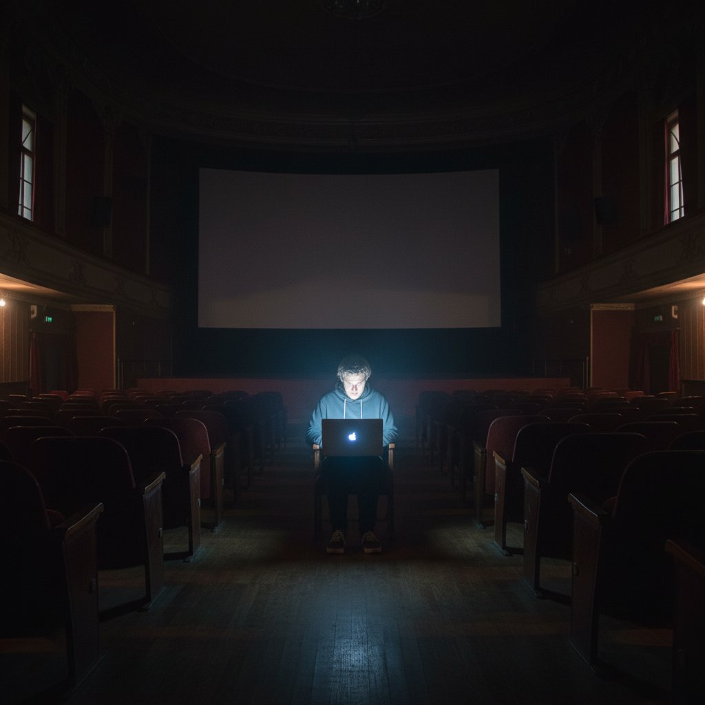 Osoba samotnie oglądająca film na laptopie w ciemnym pokoju, atmosfera kinomana szukającego rozmówcy