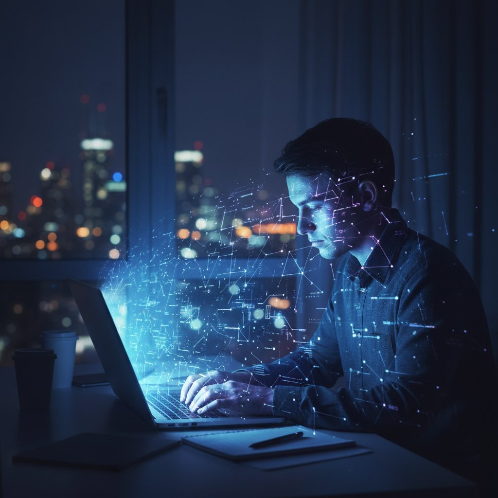 Osoba siedząca samotnie nocą przy laptopie, twarz oświetlona ekranem, w tle delikatne elementy AI