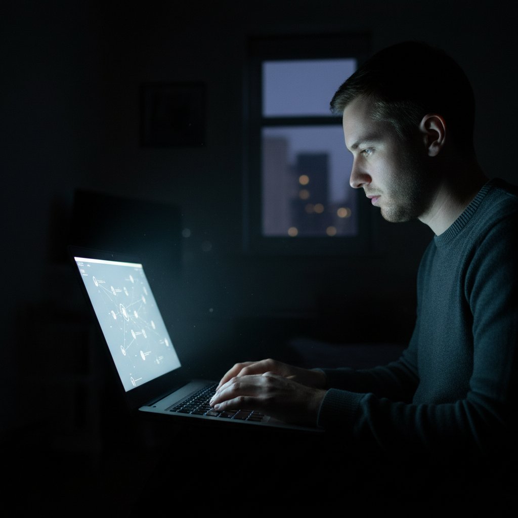 Osoba siedząca samotnie z laptopem, otoczona światłem ekranu – kontrast między bliskością czatu a poczuciem izolacji